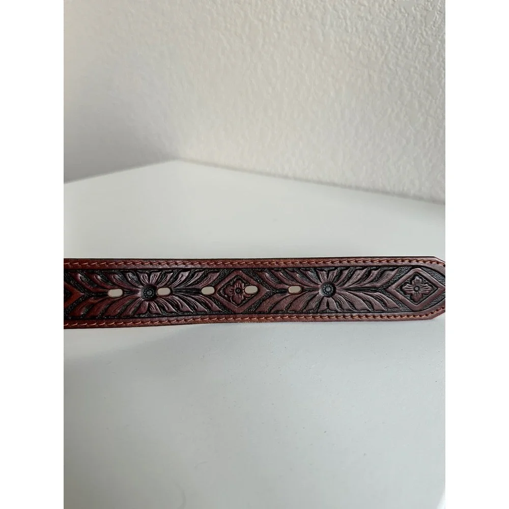 Justin Mens Brown Tooled Leather Western Belt Size 34 Made in USA C13785 NEW